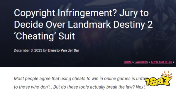 《命运2》开发商 Bungie与作弊工具销售商诉讼下周开庭