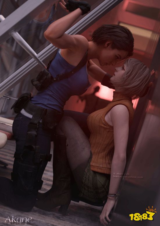 半身构图：红黑配色与写实皮肤着色（@AkanesREArts）